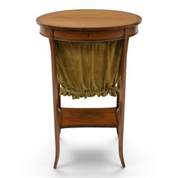 Edwardian inlaid satinwood oval sewing or work table, crossbanded and ebony-strung hinged ...