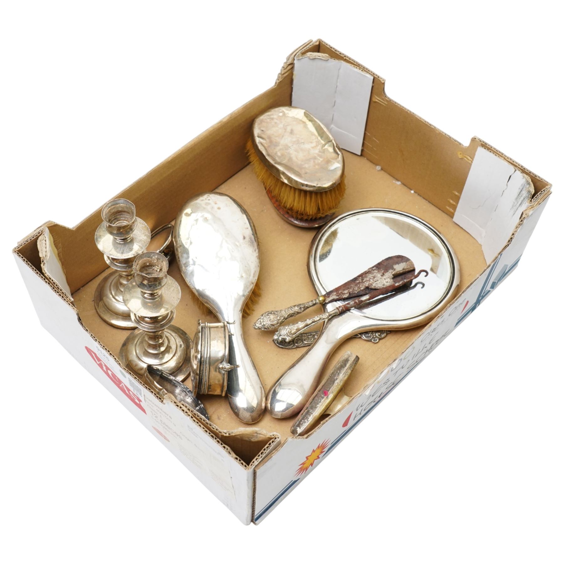 Quantity of silver items including brushes, mirror, pair of candlesticks, ring box etc