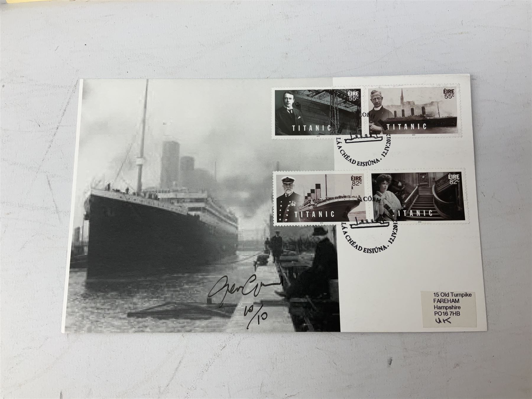 Titanic cover with Canadian cancellation signed David Haisman and cover with Queenstown cancellation signed by stamp designer, book signed David Haisman, two Titanic covers and book signed David Haisman, Titanic Facsimile postcard signed David Haisman and cover with Alderney cancellation signed by stamp designer, Biography of Edith Brown signed David Haisman (9)