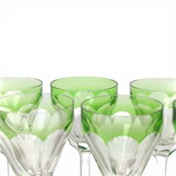 Set of ten wine glasses, of fluted form with chartreuse rim, upon a faceted stem, H20cm  