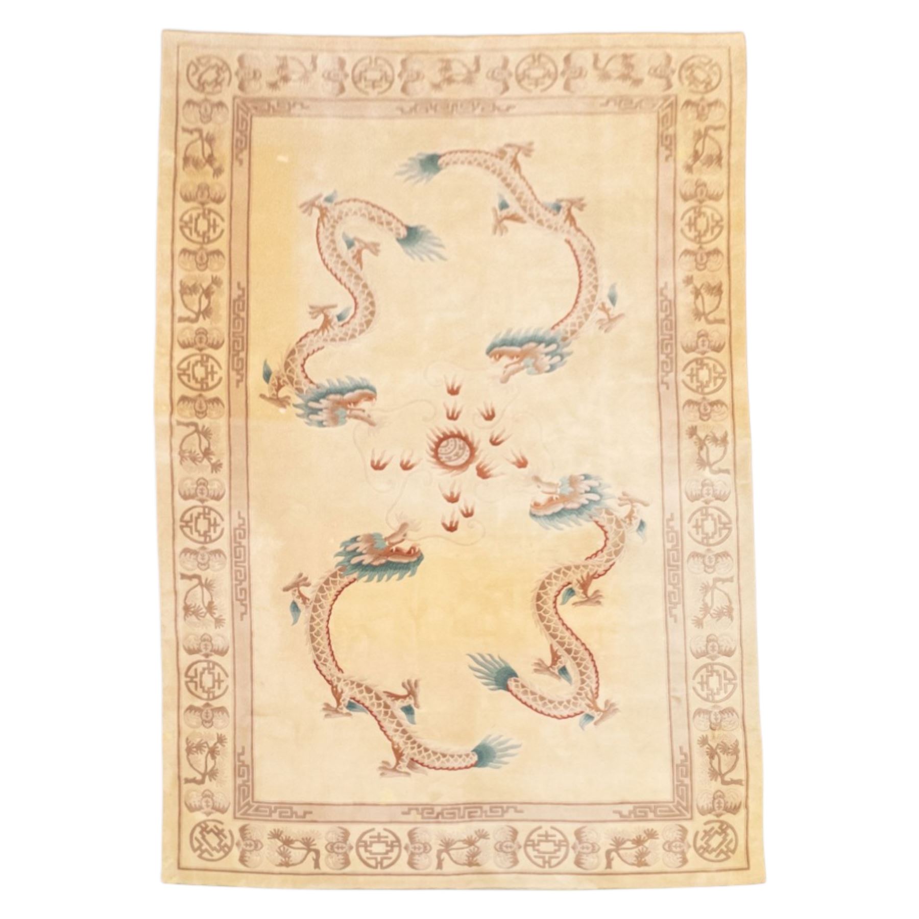 Late 20th century Chinese wool carpet, cream field with five stylized dragons arranged in a circular formation around a central flaming pearl motif, dragons depicted with elongated bodies and clawed feet amongst stylized cloud forms, enclosed within a narrow inner border and a wider outer border decorated with traditional Chinese motifs and symbols