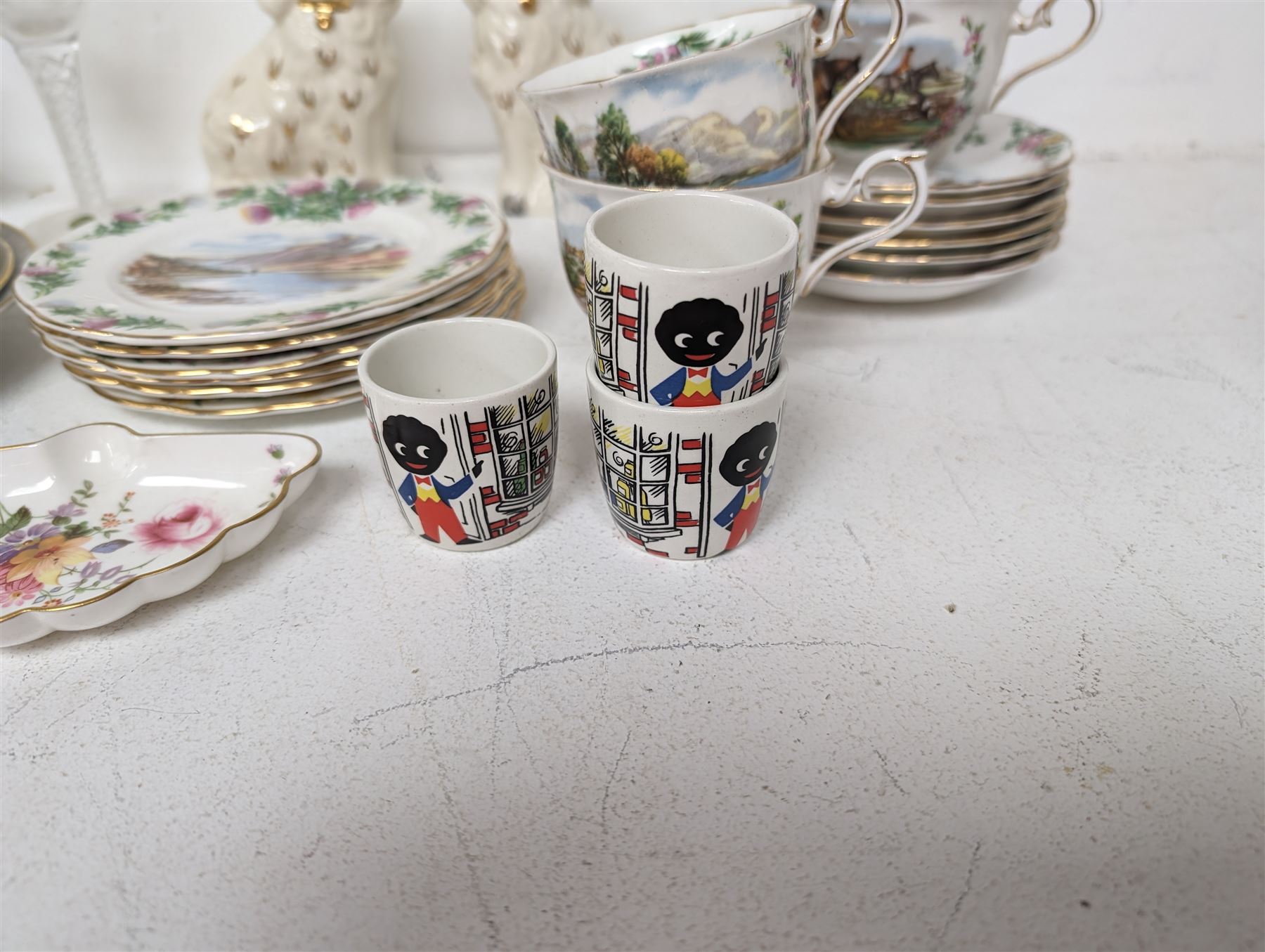 Pair of Beswick staffordshire style King Charles Spaniels, together with Royal Albert teacups, etc 