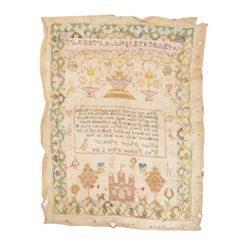 Early 19th century sampler worked by Mary Audley aged 15 years dated 1818, depicting alphabet and numbers above a religious passage, bordered by animals, buildings and insects, unframed, H45cm
