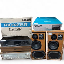Audio equipment, including pair of Kef Model 104 speakers, Yamaha Natural Sound Stereo Rec...