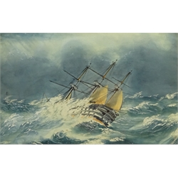  J W P (19th century): 'HMS Powerful - 84 Guns', watercolour with extensive scratching out unsigned, titled and inscribed verso 'Commodore Sir Chas. Napier RCH in a Heavy Gale on the 2nd Dec. 1840 off the Coast of Syria', signed with monogram fecit., 22cm x 34cm  