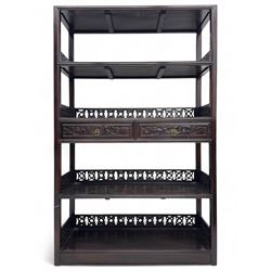 Early 20th century Chinese hardwood display étagère bookcase, of rectangular open form wit...