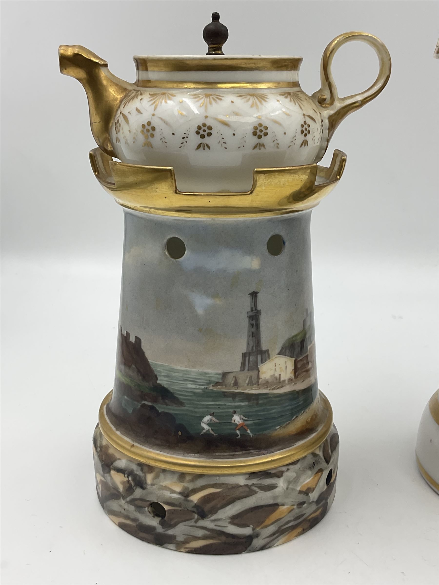 Two 19th century continental teapots and warmers, each teapot upon a cylindrical warming base, hand printed with seascapes, largest H22cm 