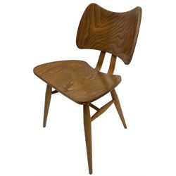 Lucian Ercolani - set of four ercol elm and beech model '401' dining chairs, shaped butterfly back over shaped seat, on splayed tapered supports united by stretchers 