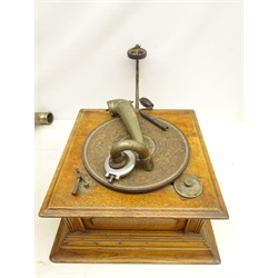  Early 20th century French oak cased SOR Gramophone No.1407949 with spun metal horn, an IM master set needle sharpener, a qty of needles and a collection of records  