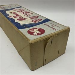 Pelham Puppet - a rare type SM Harlequin circa 1950s with painted black face mask, black felt hat, green ruff and red white chequered suit, H31cm; in original box with instructions 