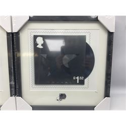 Set of four Royal Mail David Bowie limited edition album stamp prints, comprising Blackstar, Heroes, Let's Dance and Aladdin Sane, all framed and in original packaging, H43cm W43cm
