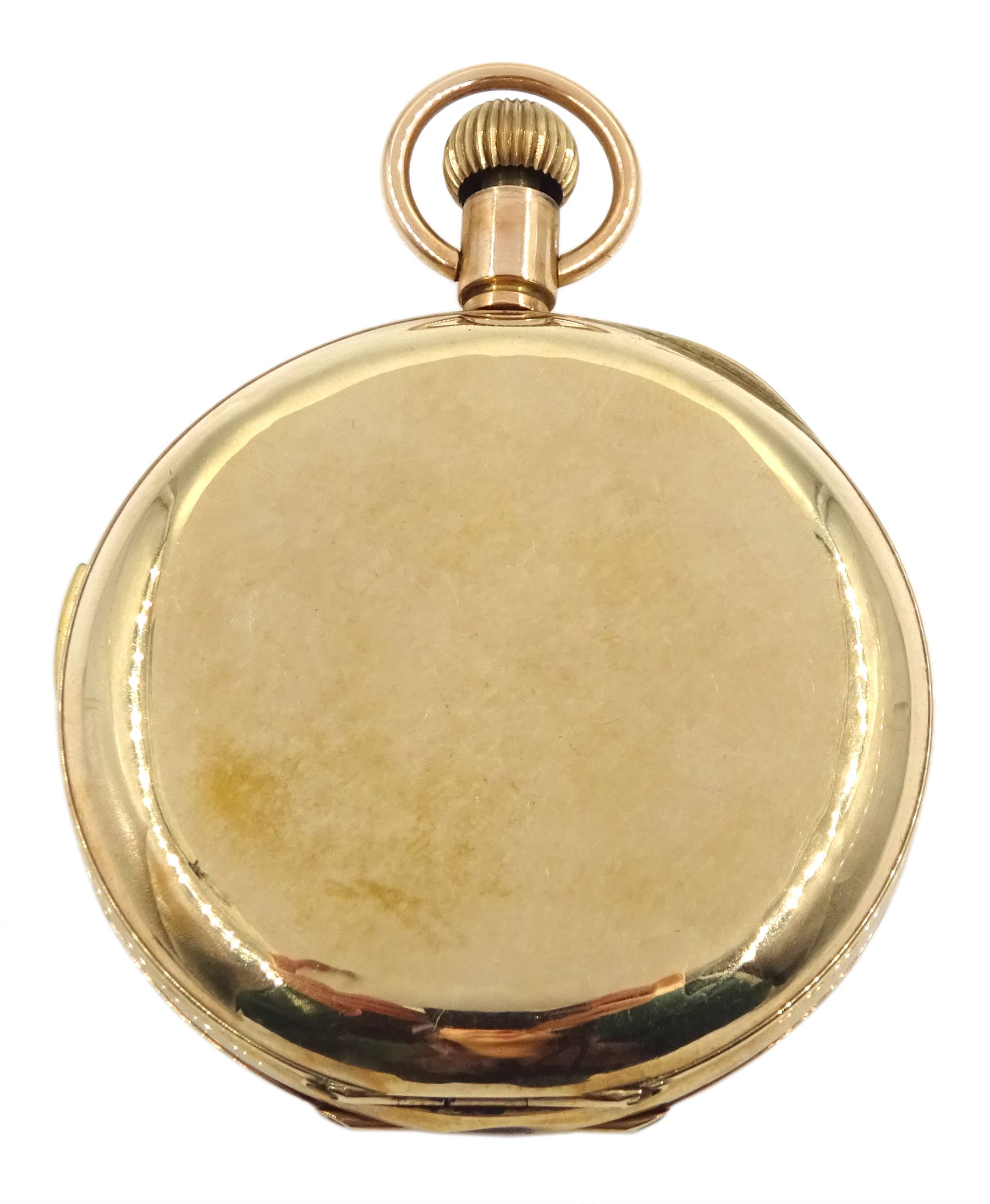 Early 20th century 9ct gold full hunter keyless repeating Swiss lever pocket watch, the back plate engraved 'Brevet 34984', white enamel dial with Roman numerals and subsidiary seconds dial, case by De Pury, Gautschi & Co (George Guillaume Gautschi), London import marks 1912