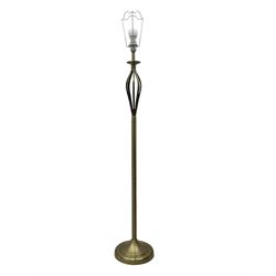 Contemporary brushed metal standard lamp, brass effect with cylindrical stem, on circular base, H131cm; matching table lamp, H35cm (2)