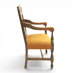 18th century inlaid mahogany armchair, carved back with marquetry panel, overstuffed upholstered seat finished in gold dralon fabric, raised on turned supports united by a stretcher
