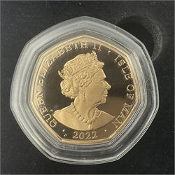 Queen Elizabeth II Isle of Man 2022 'Platinum Jubilee The National Anthem Gold Proof 50p Set' comprising five gold proof fifty pence coins with selective platinum plate, cased with certificate