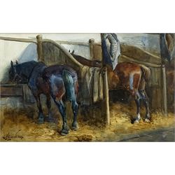 John Atkinson (Staithes Group 1863-1924): Horses in Stable Stalls, watercolour signed and dated 1896, 23cm x 37cm