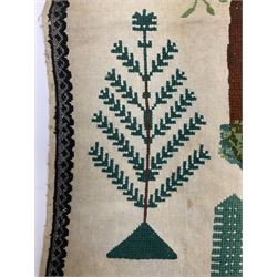 Victorian needlework  picture and verse sampler, 'In memory of Joshua Thomas who died Sep 22nd 1871 age 45', worked by Rebecca Emmott 1872 age 21, H66cm, W61cm 