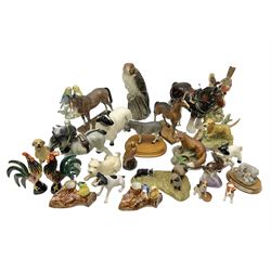 Beswick pigeon no 1383 and a collection of other ceramic animal figures including Campsie Ware lustre budgies, Kowa red fox and Labrador, two shire ponies, two sheep, etc 
