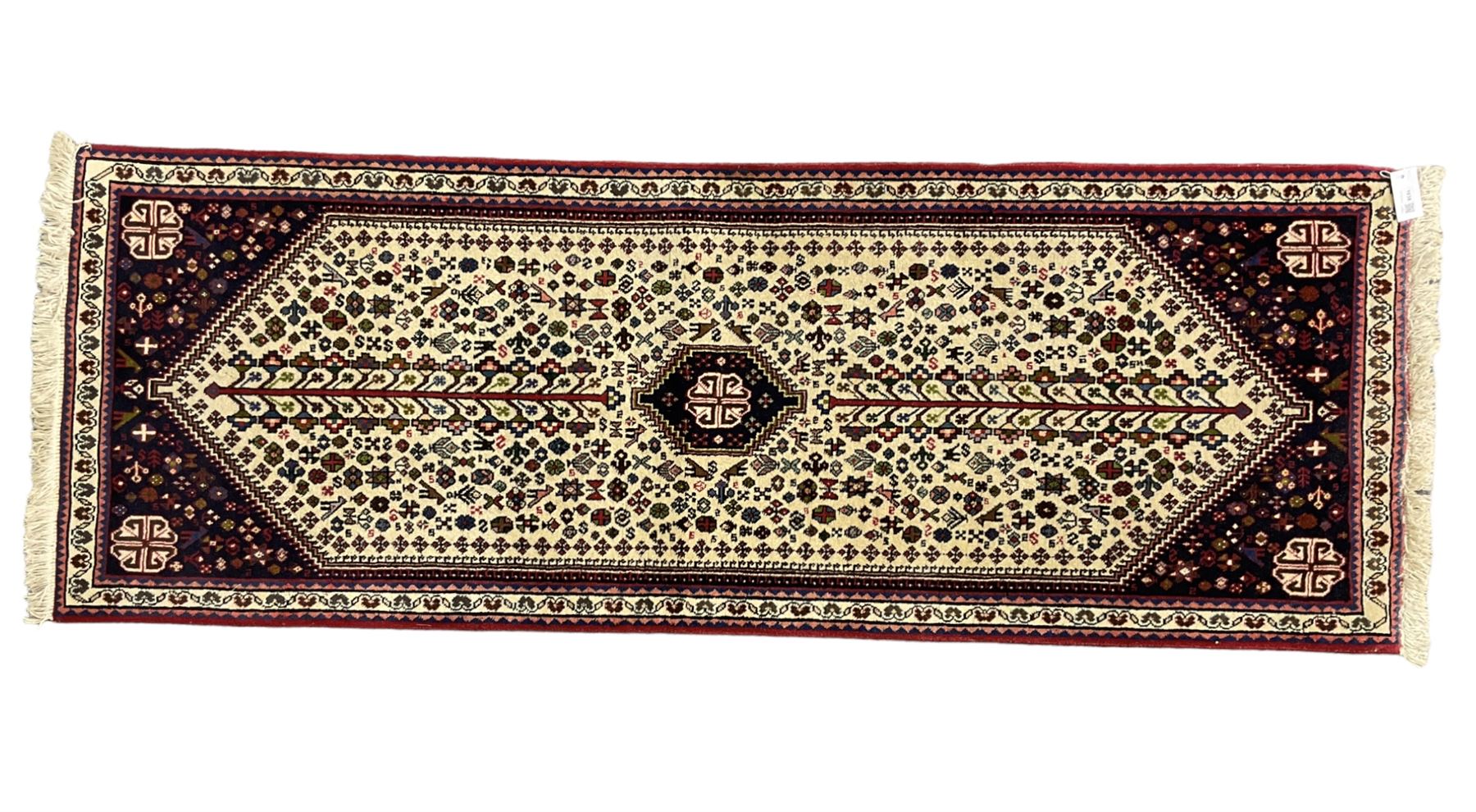 Persian Abadeh indigo ground runner rug, ivory field with pole medallion surrounded by plant and bird motifs and contrasting spandrels, border with interlaced flowerheads