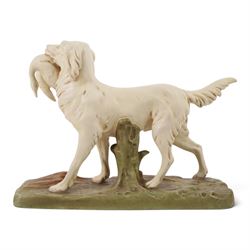 Royal Dux model of a hunting dog, with bird in mouth, upon gilt and green rustic base, marks beneath impressed  1193 and bearing pink applied Royal Dux triangle 