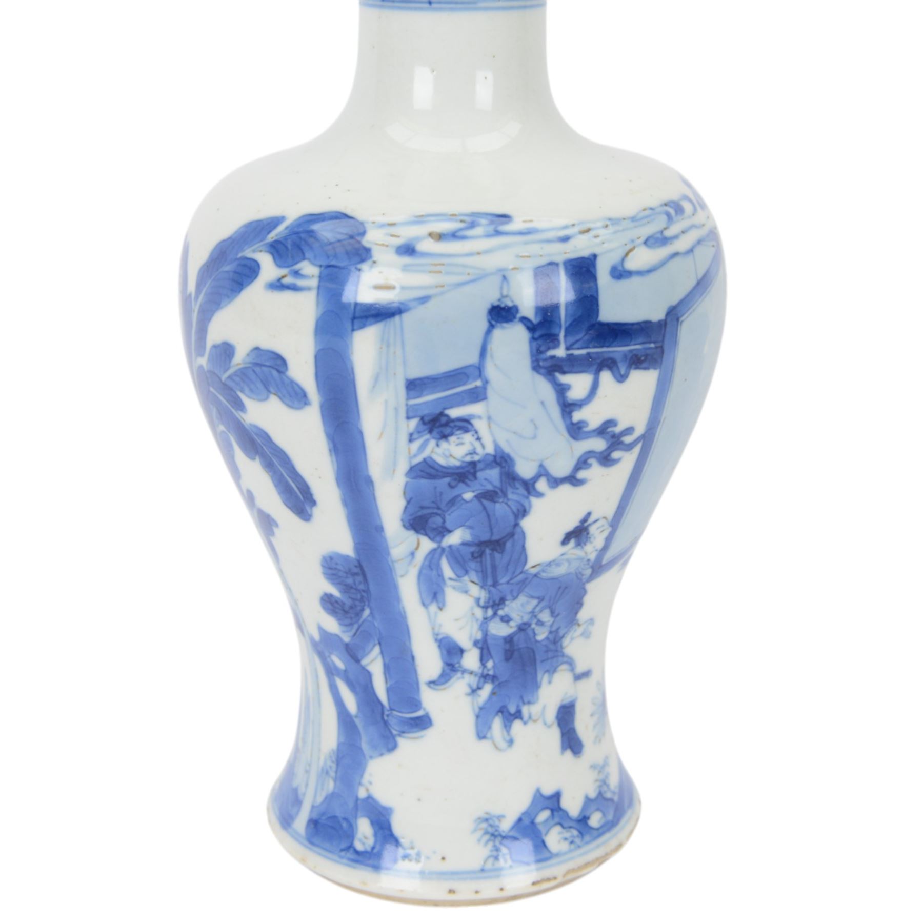 Chinese Kangxi porcelain vase, of baluster form painted in underglaze blue with seated figures and attendants, with fence, rockwork and leafy bamboo branches, with concentric circles mark beneath, H22.5cm