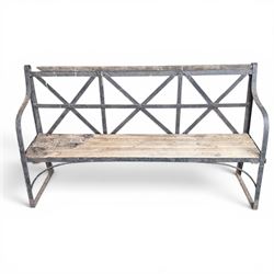 19th century and later Estate made wrought iron strapwork garden bench, the weathered wooden cresting rail over X-form strapwork back and slatted wooden seat