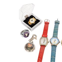 Six Disney Mickey/Minnie Mouse watches, two Mickey Mouse ring watches and a clip on stop watch