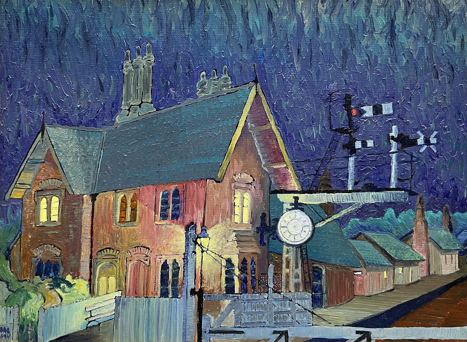 Dag Hagenaes Kjelldahl (Norwegian/Whitby Contemporary): 'Grosmont Railway Station at Night in Red with Clock', oil on canvas signed and dated 2004, 30cm x 40cm