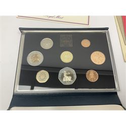 The Royal Mint United Kingdom 1983 proof coin collection in blue folder with certificate, 1983 uncirculated coin collection, two 1987 brilliant uncirculated coin collections, commemorative crowns etc