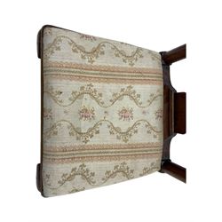 Pair of 19th century Queen Anne design walnut framed side chairs, yoke crest rail over vase-shaped splat, upholstered drop-in seats, raised on cabriole supports with pad feet united by turned stretchers