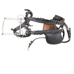 Team four in hand set of brown leather in hand exercise harness, including four collars, pads and bridles with leather blinkers and bits