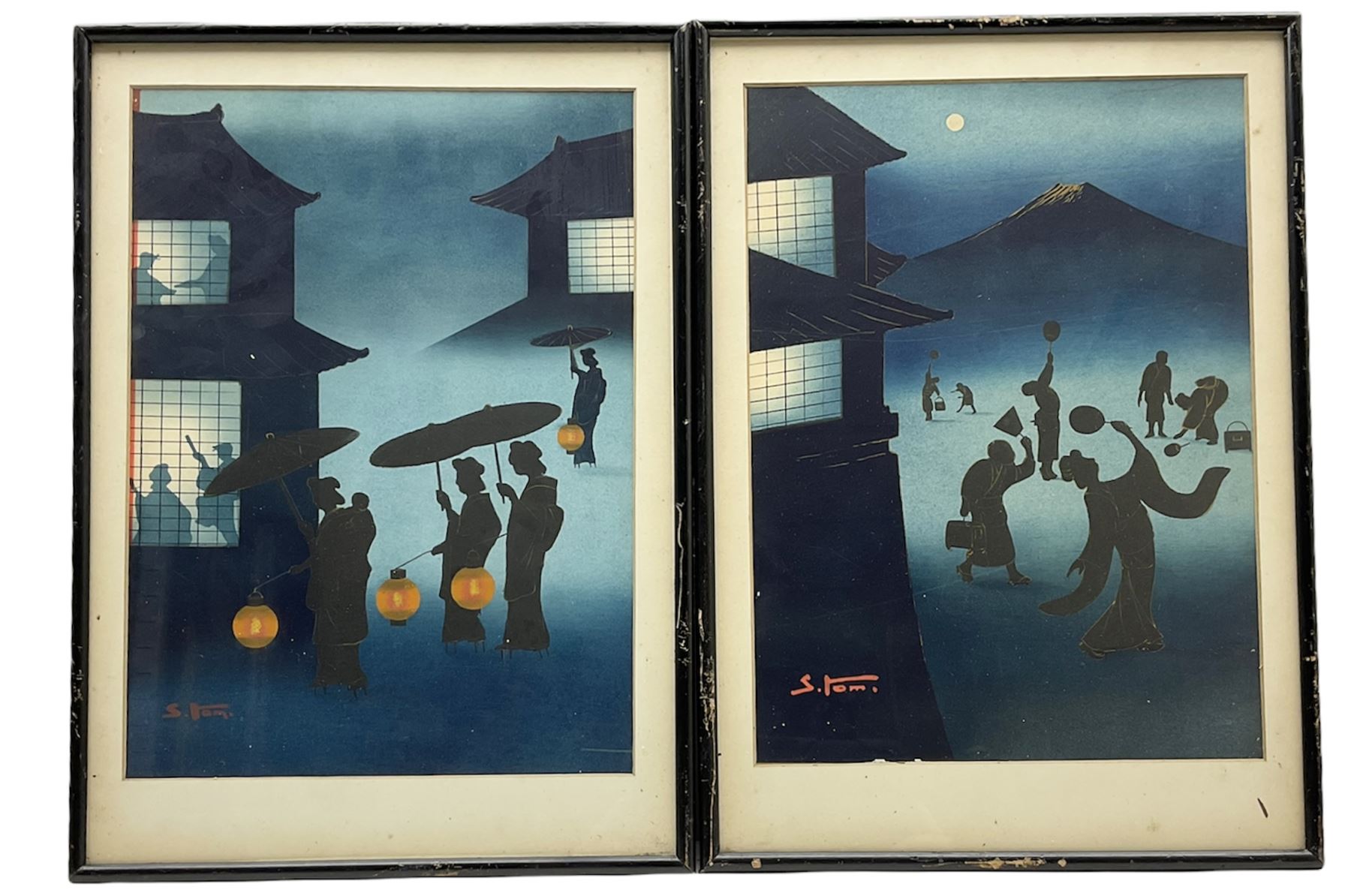 S Tomi (Japanese early 20th century): Dancing With Lanterns with Mt Fuji in Distance, pair woodblock prints signed 33cm x 24cm (2)