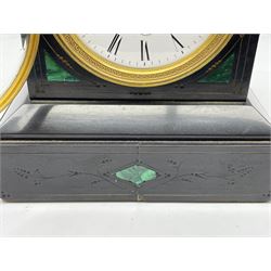 Victorian black slate mantel clock timepiece, the case with engraved and gilt decoration and inlaid with malachite, circular enamel Roman dial, single train driven movement