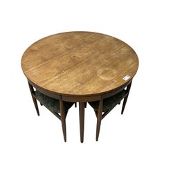Hans Olsen for Frem Røjle - mid-20th century Danish teak 'Roundette' dining set, comprising a circular dining table raised on four tapering supports, paired with four matching chairs, each with a triangular seat upholstered in floral patterned fabric and raised on three tapering supports