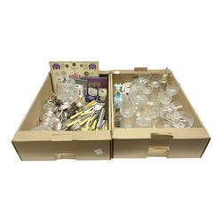 Great British coins, including Decimal Coinage of Great Britain and Northern Ireland 1970 & 1971 sets, together with a collection of cut glass, including drinking glasses, decanter and jug, two wooden corkscrews and a quantity of silver plated cutlery, etc 