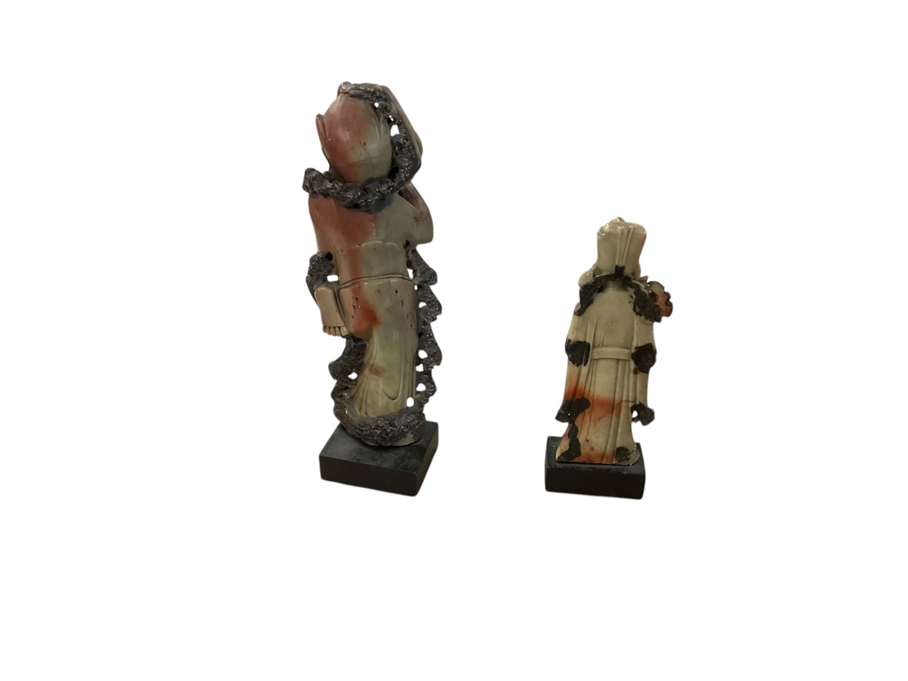 Two soapstone carved figures and a knife, figure H27cm