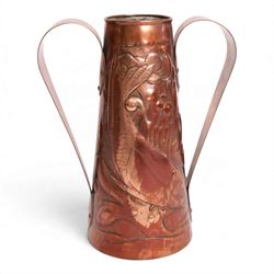 Pair of Newlyn Arts and Crafts copper twin handled vases, ff tapered form, repousse decorated with fish amongst seaweed, one with maker mark beneath, H25cm