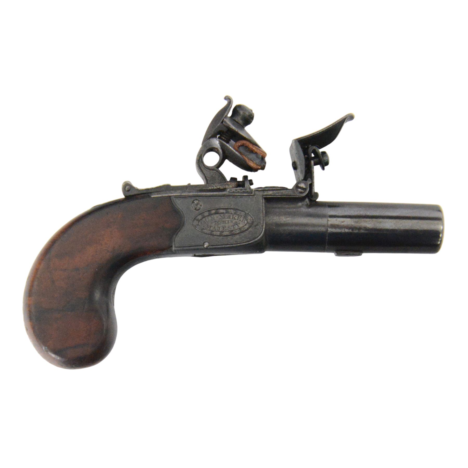 Flintlock ladies muff pistol, circa 1800, with smooth bore screw barrel, lock inscribed Grierson London, Gun Maker to His Majesty  