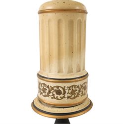 Pair of table lamps, the central column with gilt and and black bands and a foliate boarder, with cream shades, H58cm without shades 