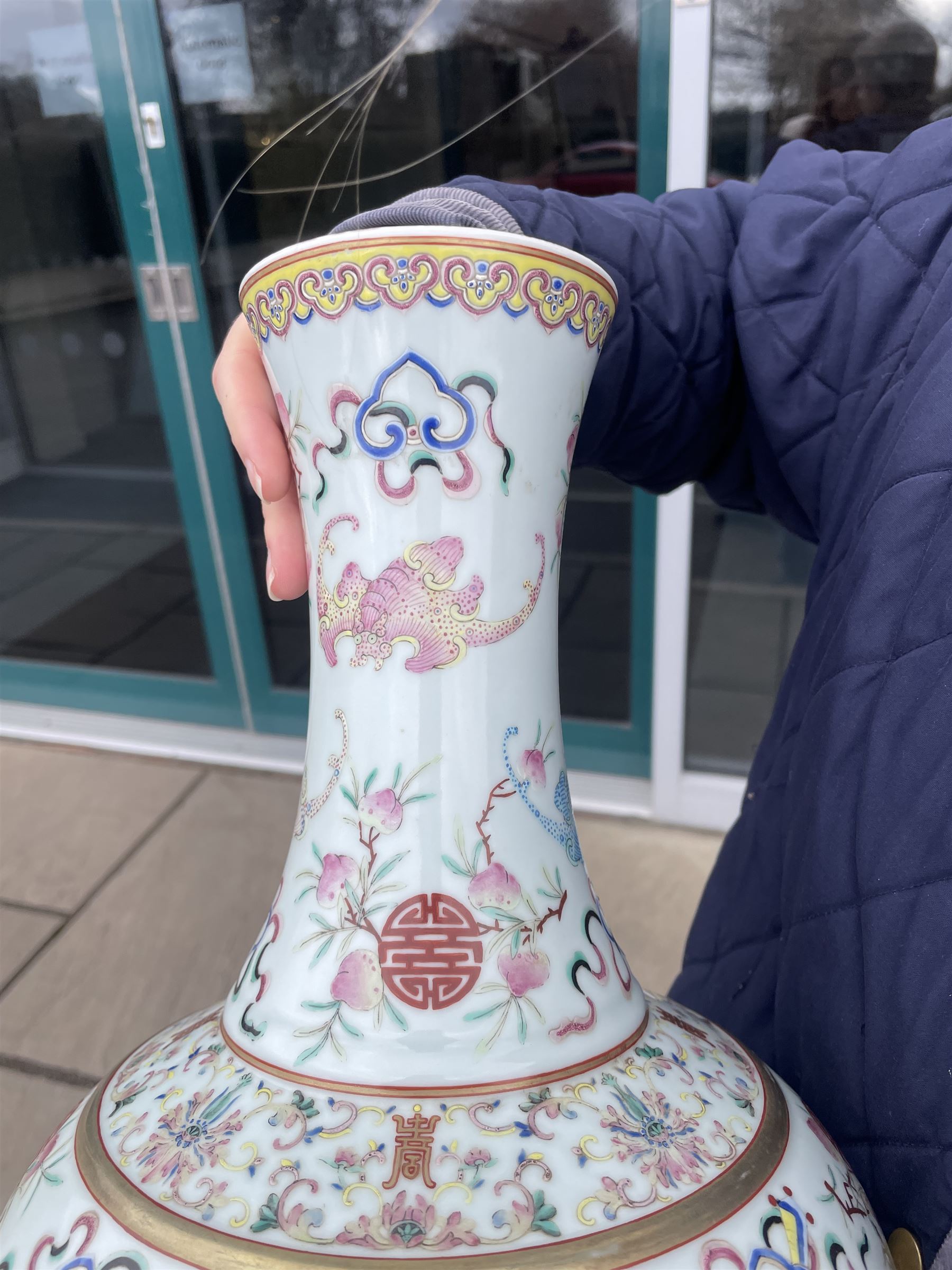 Chinese Qing Dynasty famille rose baluster vase decorated with bats, peaches etc with Tongzhi marks H40cm