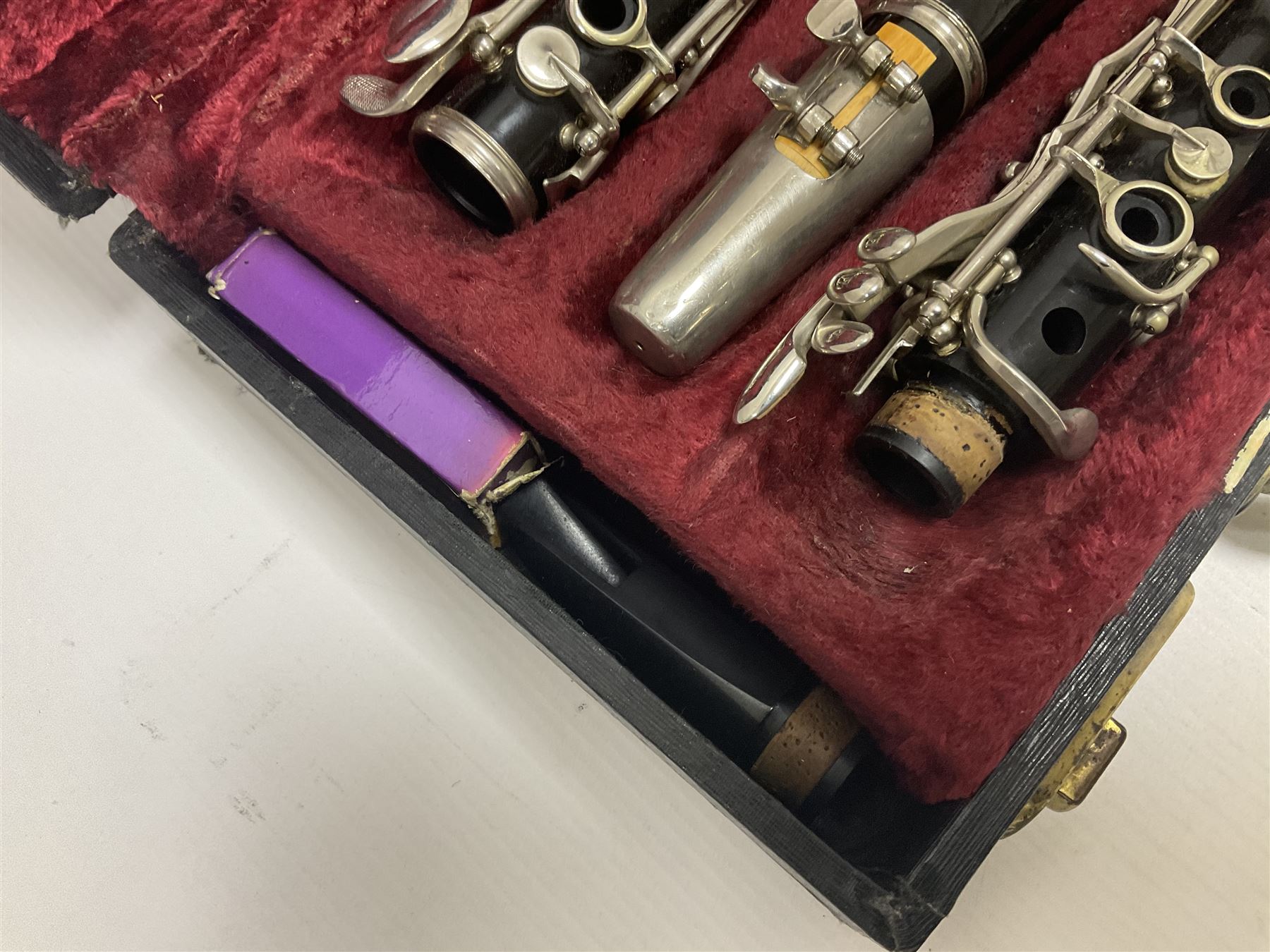 Boosey & Hawkes Regent B flat ebonite clarinet, and a French Noblet wooden intermediate clarinet
Both clarinets in their original fitted cases