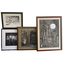 N Miller (British 20th Century): Snowy Mountains, oil pastel signed and dated '78 together with a watercolour by Tom McAndrew and another similar indistinctly signed; Mixed media caveman-style work together with an abstract print and Chris Flinton and Janet Burdon photographs; 'After Tapio Wirkkala: ‘Arabia', large Royal Academy poster (8)