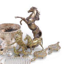 Silver plate footed bowl, together with salvers, brass animals and other metal ware 