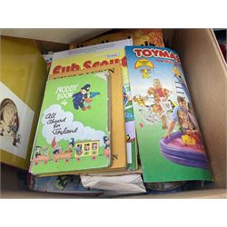 Large collection of toys and games, including jigsaws, books, teddy bear etc, in five boxes  