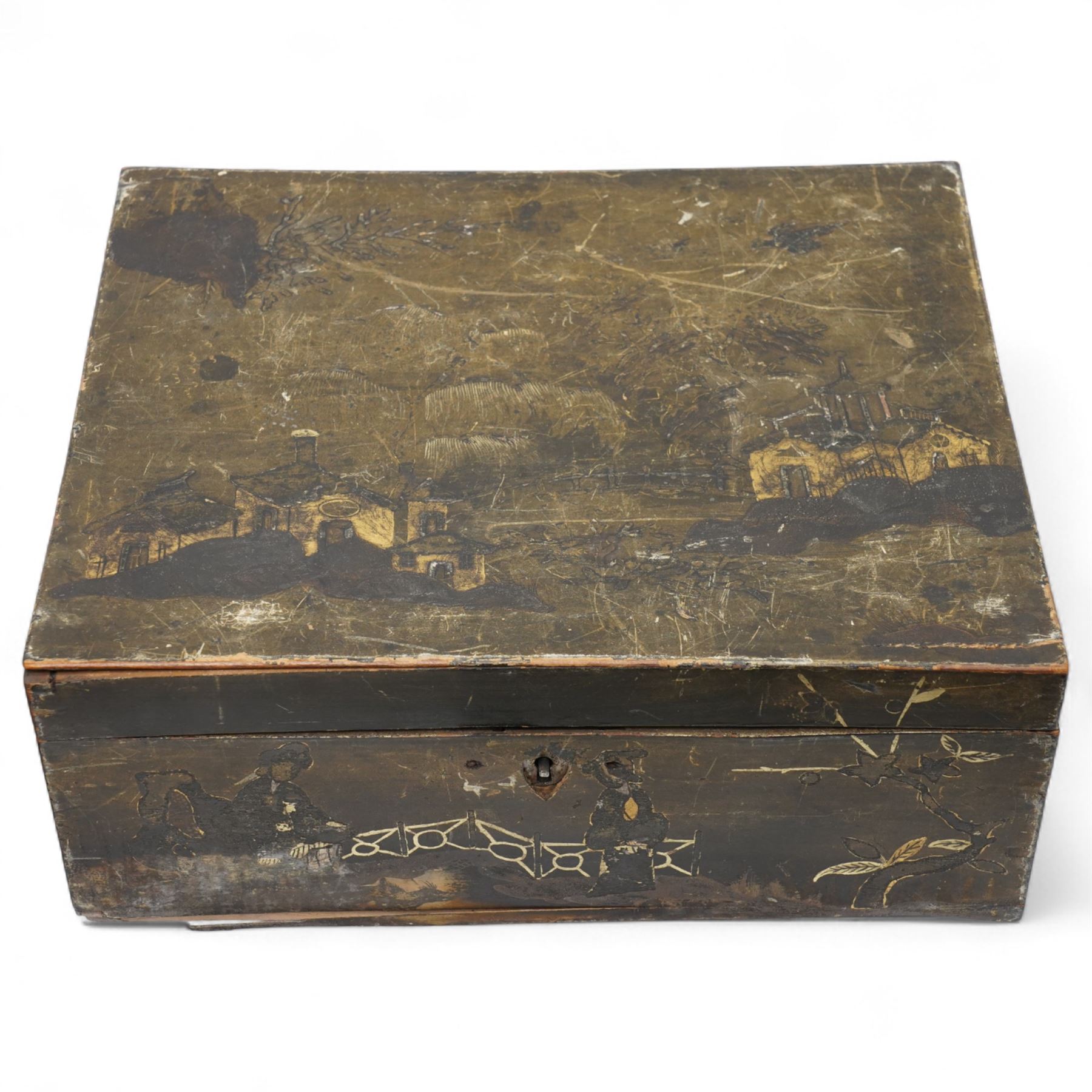 Chinoiserie black and gilt lacquer box decorated with figures and landscapes W28cm and five other various lacquer boxes (6)