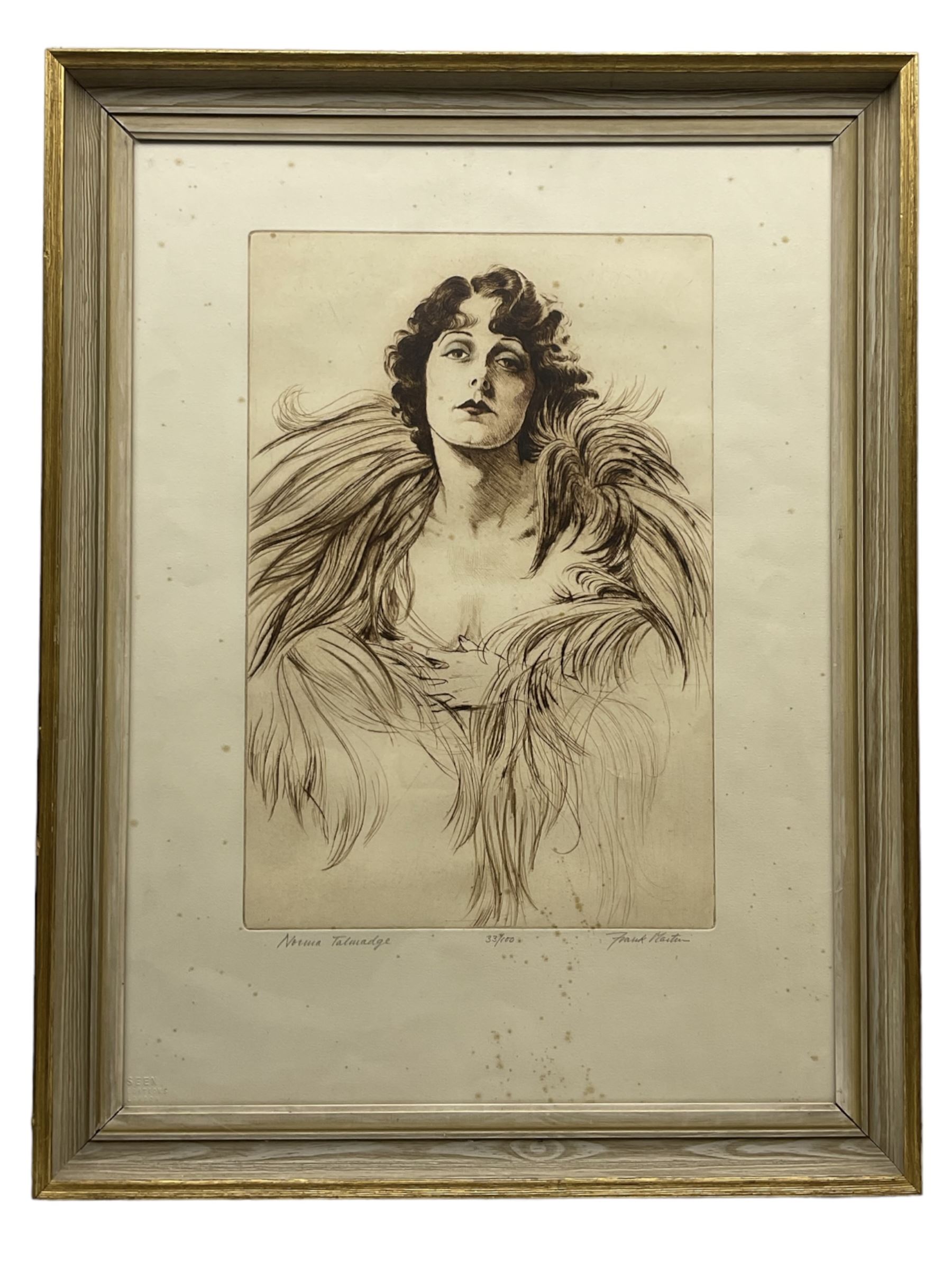 Frank Martin (British 1921-2005): 'Norma Talmadge' (1894-1957), limited edition sepia etching with highlighted colours signed titled and numbered 33/100 in pencil, with 'Seen Editions London' blindstamp 45cm x 30cm