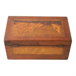 19th century satin wood marquetry inlaid correspondents box, the lid with inlaid three-masted sailing ship, opening to fitted compartments,  H1cm, L21cm, D12cm