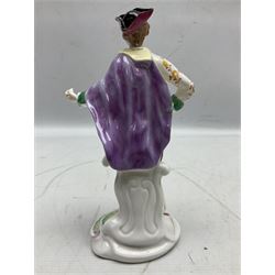 Seven Spode Chelsea figures, comprising no.1, no.2, no.3, no.4, no.6 and two further smaller examples, together with a Dresden figure of a gentleman, no. K10003, and a Delft style figure of a boy, some with boxes, tallest H23cm (9)