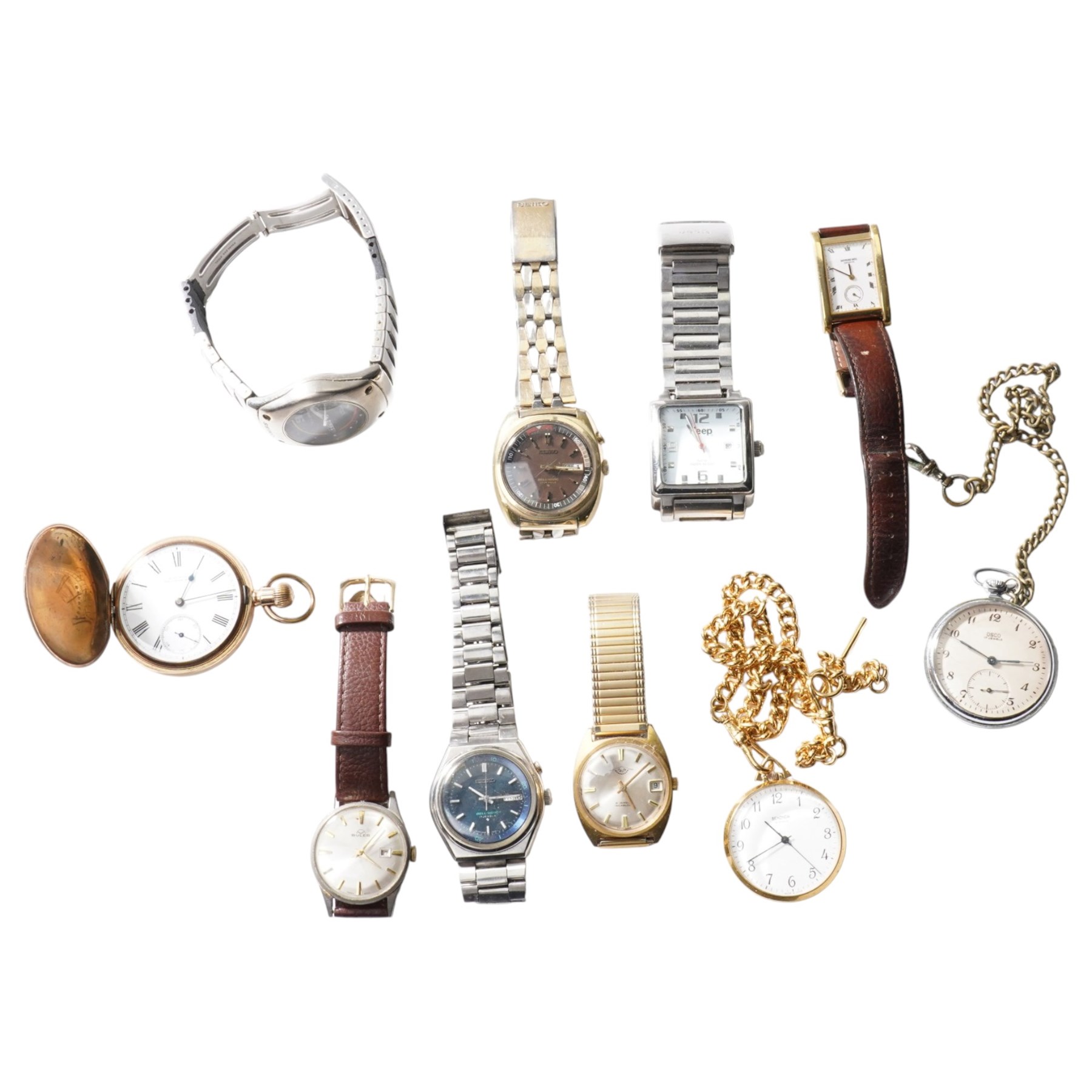 Collection of wristwatches and pocket watches including Seiko, Talis, Jeep, Waltham etc