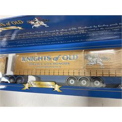 Corgi - three limited edition 1:50 scale heavy haulage vehicles comprising CC12221 Scania 4 Series Curtainside British Sugar; CC12911 Scvania Topline Curtainside Knights of Old 50yth Anniversary; and CC13202 DAF XF Space Cab Curtainside J. Long & Sons (Haulage) Ltd. Leeds; all boxed (3)